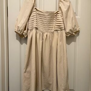 Square Neck Puff Sleeve Cream Dress with Pockets Large